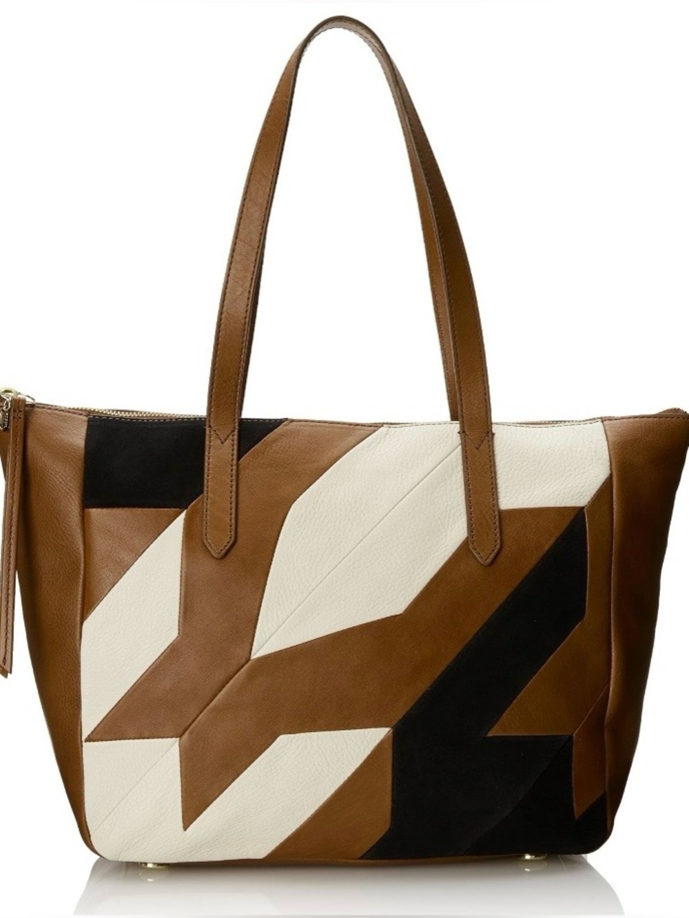 Fossil Sydney Patchwork Shopper Brown Leather Colorblock Tote Bag